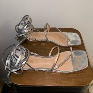 Schutz Flat Lace Up Flat Sandals Silver